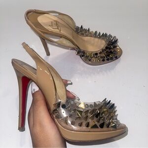 Christian Louboutin slingback peep toe studs nude size 37